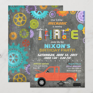 Invitation Véhicule Mécanique Gears Tools Chalkboard Annivers