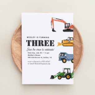 Invitation Véhicules de construction 3e fête d'anniversaire