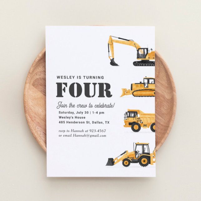Invitation Véhicules de construction 4e fête d'anniversaire (Créateur téléchargé)