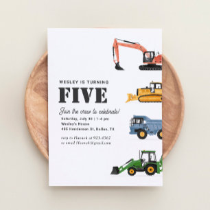 Invitation Véhicules de construction 5e fête d'anniversaire
