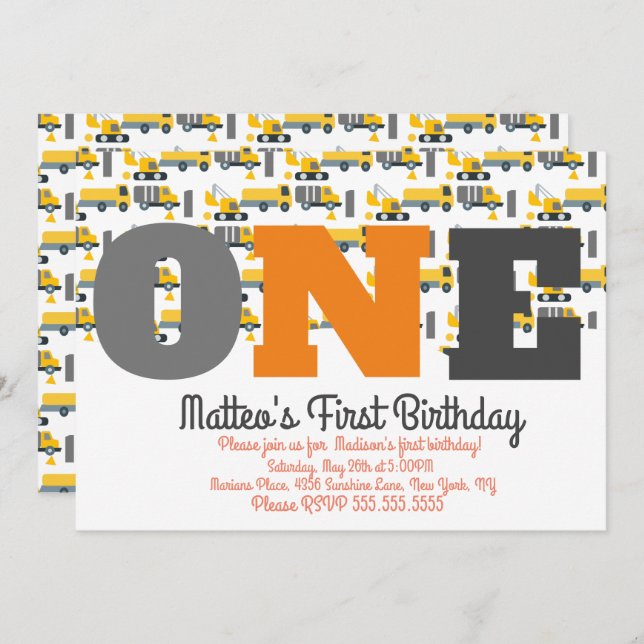 Invitation Véhicules de construction Anniversaire Dépouille B (Devant / Derrière)