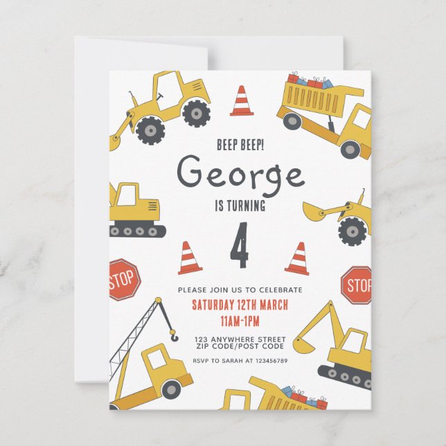 Invitation Véhicules de construction Anniversaire Fête Invita (Devant)