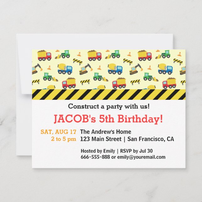 Invitation Véhicules de Construction Motif Fête d'Anniversair (Devant)