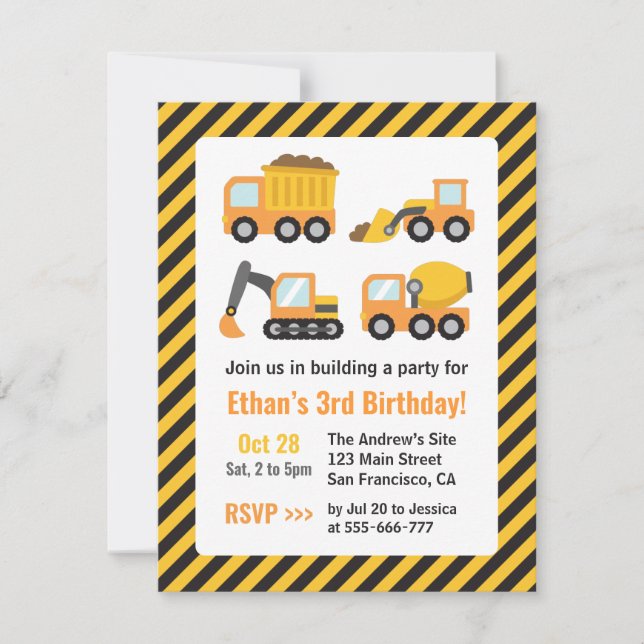 Invitation Véhicules de construction orange Fête d'anniversai (Devant)