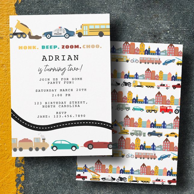 Invitation Véhicules de transport urbain Camion Deuxième anni (City Transportation Vehicles Truck Second Birthday Invitation)