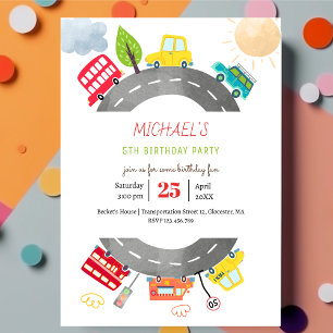 Invitation Véhicules heureux garçon anniversaire sur la route