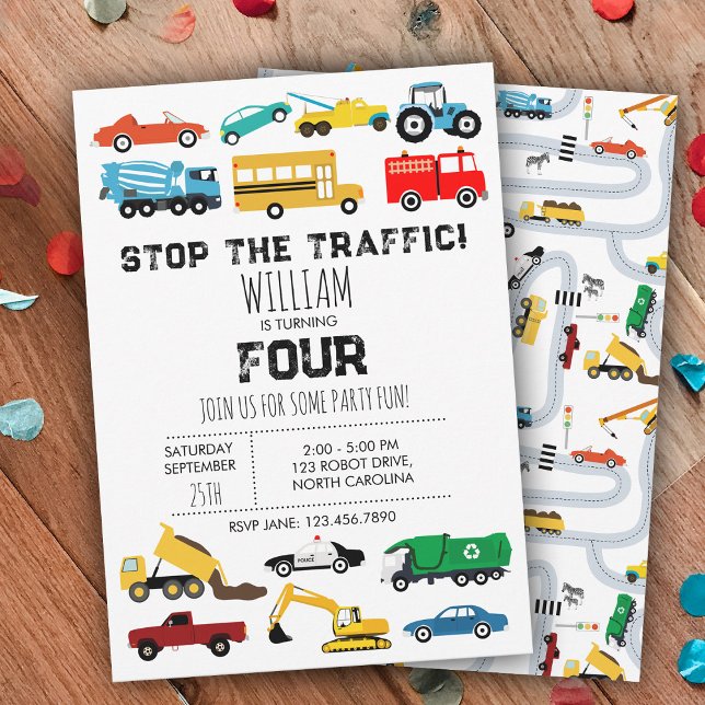 Invitation Véhicules Transport Voitures Camions Garçons Anniv (Vehicles Transportation Cars Trucks Boys Birthday Invitation)