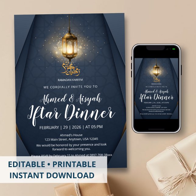 Invitation Veille de Ramadan Lanterne Dorée et Bleu Marine Mo (Créateur téléchargé)