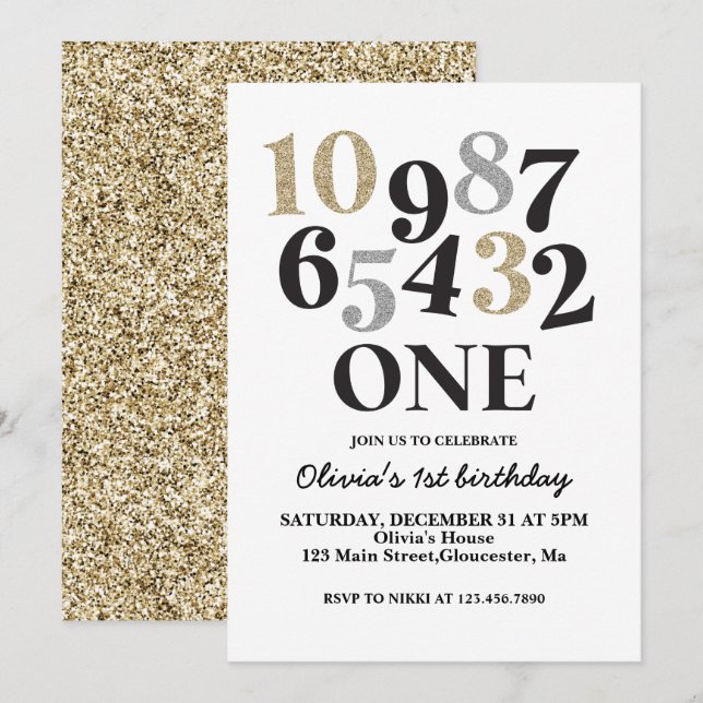 Invitation Veille du Nouvel An Compte à rebours Premier Anniv (Devant / Derrière)