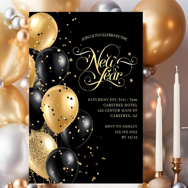 Invitation Veille du Nouvel An élégant script or noir (Créateur téléchargé)