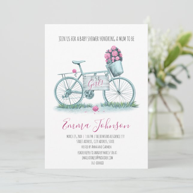 Invitation Vélo Aquarelle Avec Bébé Rose Douche Fille (Debout devant)
