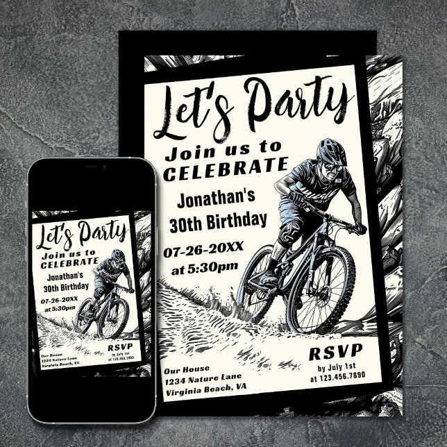 Invitation Vélo de montagne Style Sketch moderne Anniversaire (Mountain Bike Modern Sketch Style Birthday Invitation)