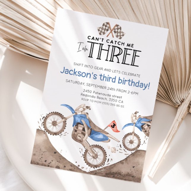 Invitation Vélo de terre bleu 3e anniversaire - Ne peut pas m (Blue dirt bike birthday invitaiton)