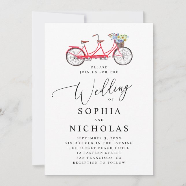 Invitation Vélo en tandem rétro. Mariage de script élégant (Devant)