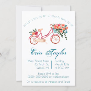 Invitation Vélo rose Aquarelle Fête des mariées florale