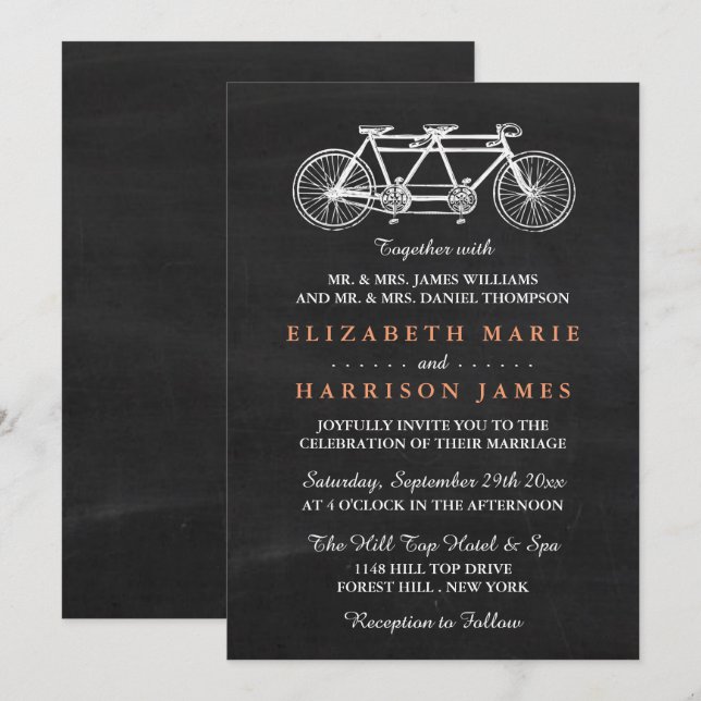 Invitation Vélo Tandem Sur Mariage Chalkboard (Devant / Derrière)