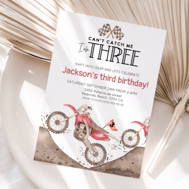 Invitation Vélo tout-terrain rouge 3e anniversaire - Ne peut  (Red dirt bike birthday invitation)