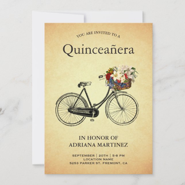 Invitation Vélo vintage floral 15e anniversaire Quinceanera (Devant)