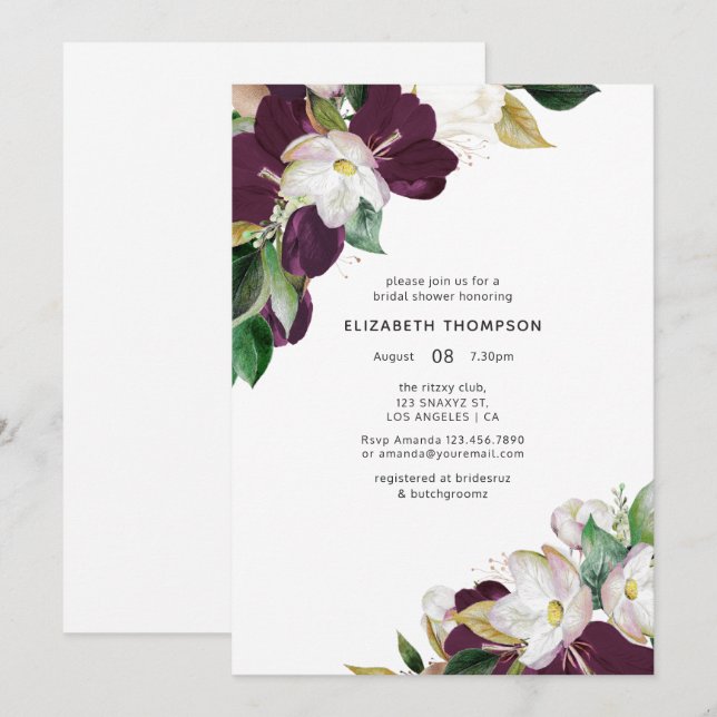 Invitation Velours bordeaux et mariage de printemps blanc (Devant / Derrière)