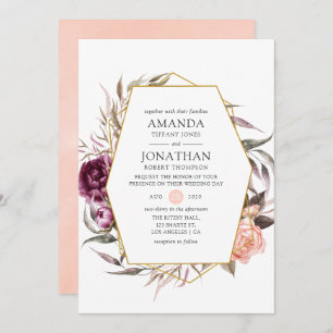 Invitation Velours de prune et Mariage floral rose pâle