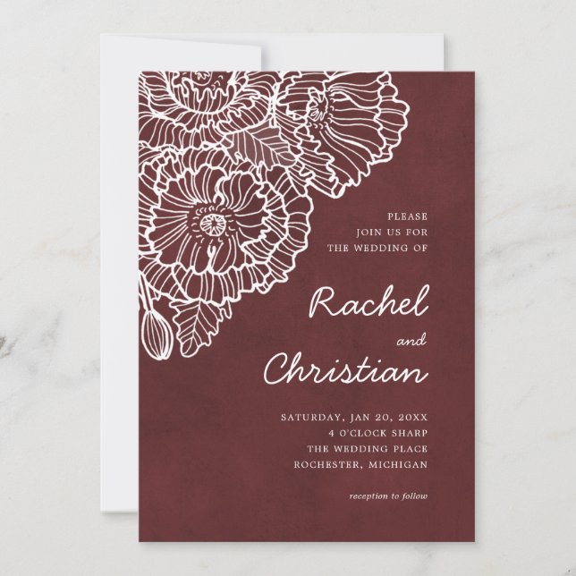 Invitation Velours rouge avec fleurs de pavot blanc linearé (Devant)