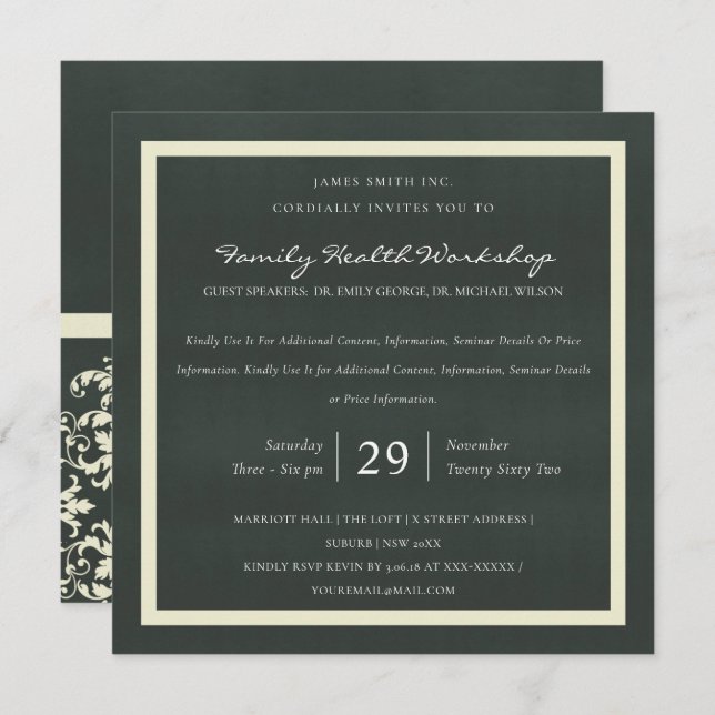 INVITATION VELVET BLANC BLACK DAMASK ÉVÉNEMENT CLASSIQUE D'AT (Devant / Derrière)