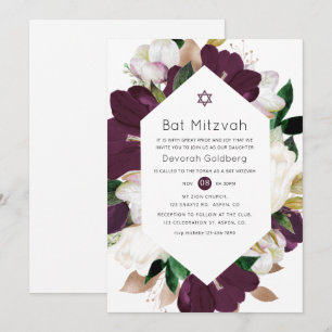 Invitation Velvet de Plum foncé et Bat mitzvah floral blanc