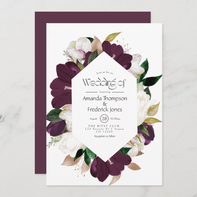 Invitation Velvet de Plum foncé et Mariage floral de printemp (Devant / Derrière)