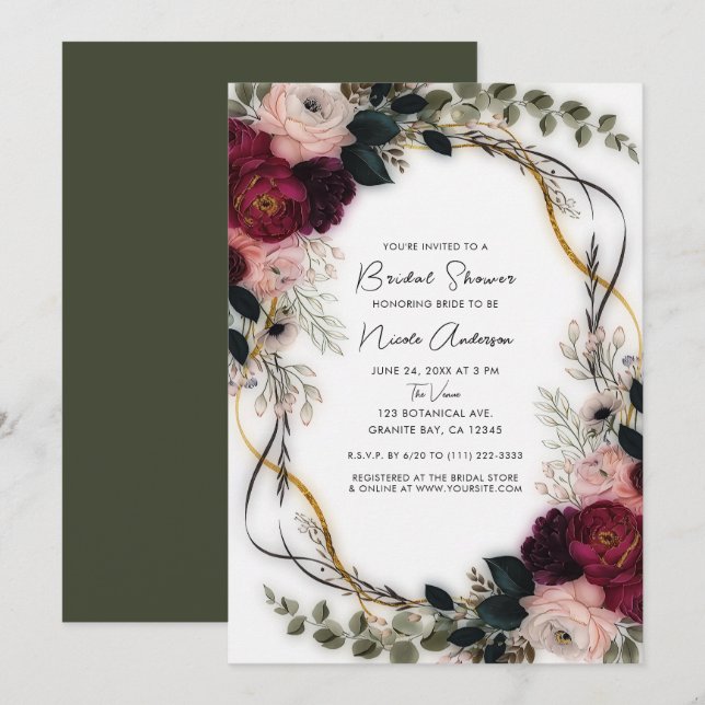 Invitation Velvet Plum Garden Floral Greenery Bridal Shower (Devant / Derrière)