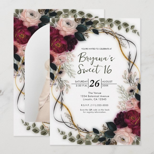 Invitation Velvet Plum Garden Floral Greenery Sweet 16 (Devant / Derrière)