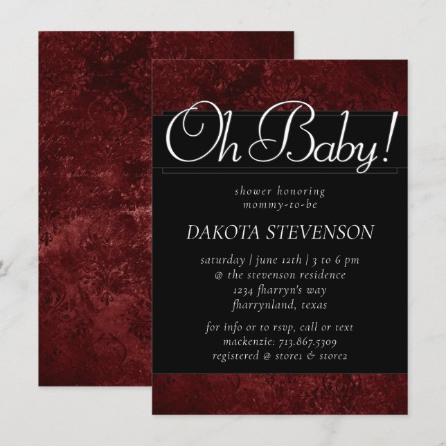 Invitation Velvety Henna Damask | Crimson Red Baroque Oh Baby (Devant / Derrière)