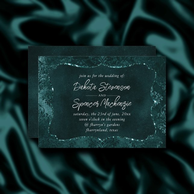 Invitation Velvety Turquoise Damask | Grunge vert foncé Baroq (Créateur téléchargé)