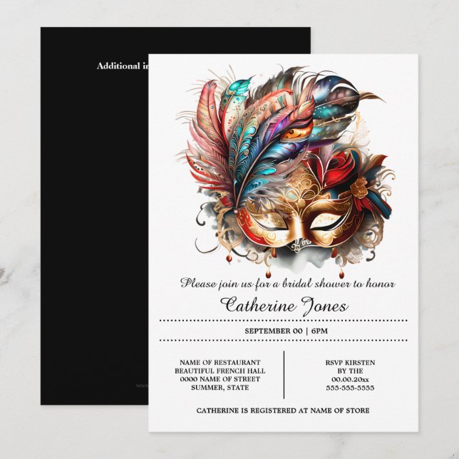 Invitation Vénétie masqué boule visage masque plumes carnaval (Devant / Derrière)