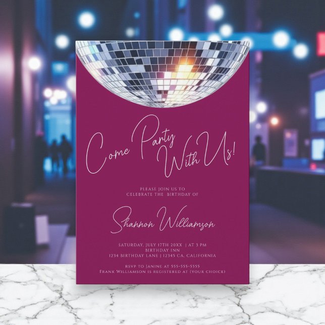 Invitation Venez faire la fête rose anniversaire boule disco  (Créateur téléchargé)