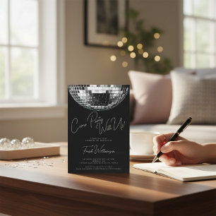 Invitation Venez fête noir moderne boule de disco anniversair