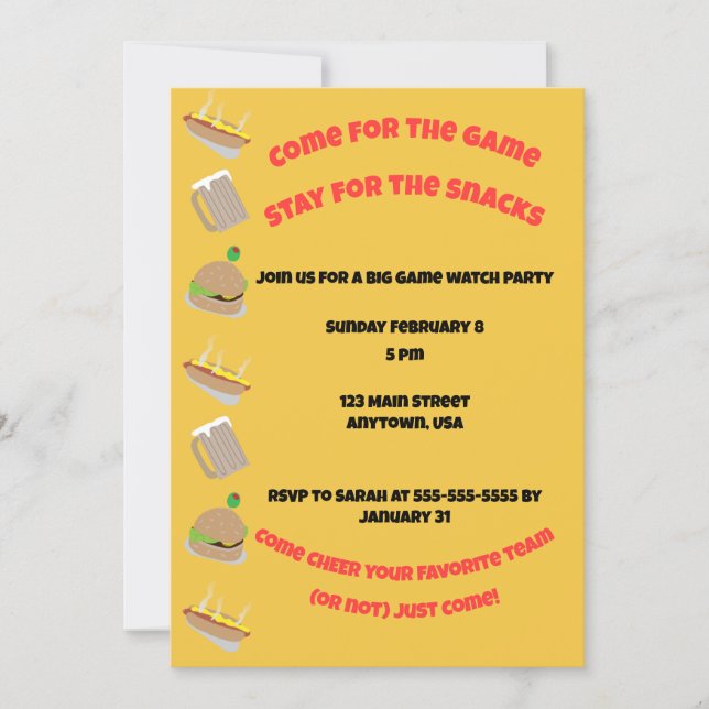 Invitation Venez pour le jeu, restez pour les collations Invi (Devant)