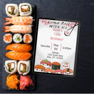 Invitation Venez Rouler avec nous Sushi anniversaire