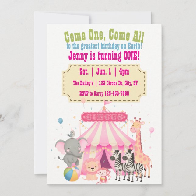Invitation Venez tous Rose 1er Cirque Anniversaire (Devant)