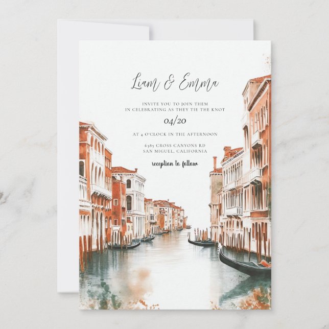 Invitation Venice Italie Aquarelle Vinatge Mariage (Devant)