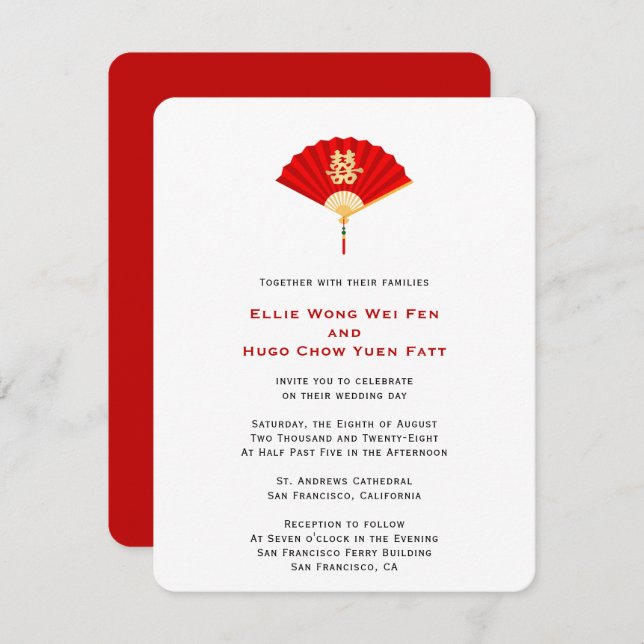 Invitation Ventilateur chinois et double bonheur | Mariage ch (Devant / Derrière)