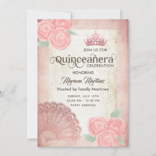 Invitation Ventilateur vintage rose vif roses tiara Quince