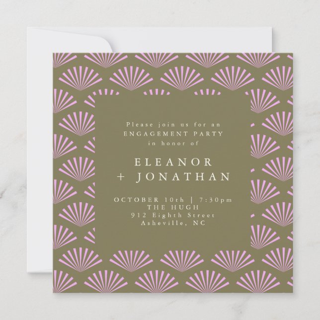 Invitation Ventilateurs Art Déco en vert olive et lilas pour  (Devant)