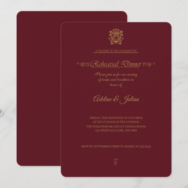 Invitation VerAlion | Dîner de répétition en Bourgogne et Or  (Devant / Derrière)