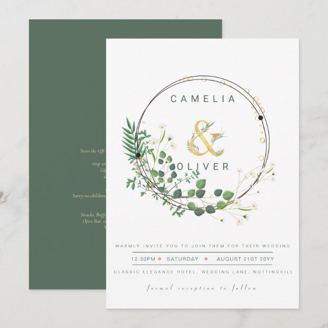 Invitation Verdure All-in1 Verte Wreath QR Code Mariage (Devant / Derrière)