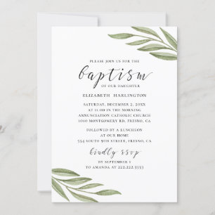 Invitation Verdure aquarelle feuillage. Baptême de script flo