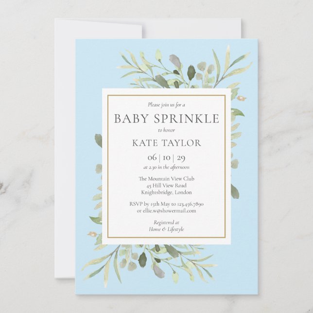 Invitation Verdure Aquarelle Feuilles Baby Boy Sprinkle (Devant)