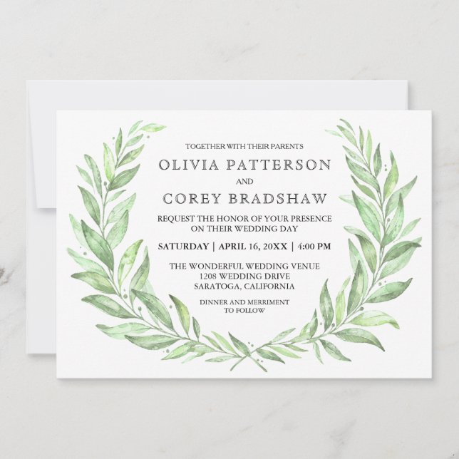Invitation Verdure Aquarelle Laurel Wreath Mariage (Devant)