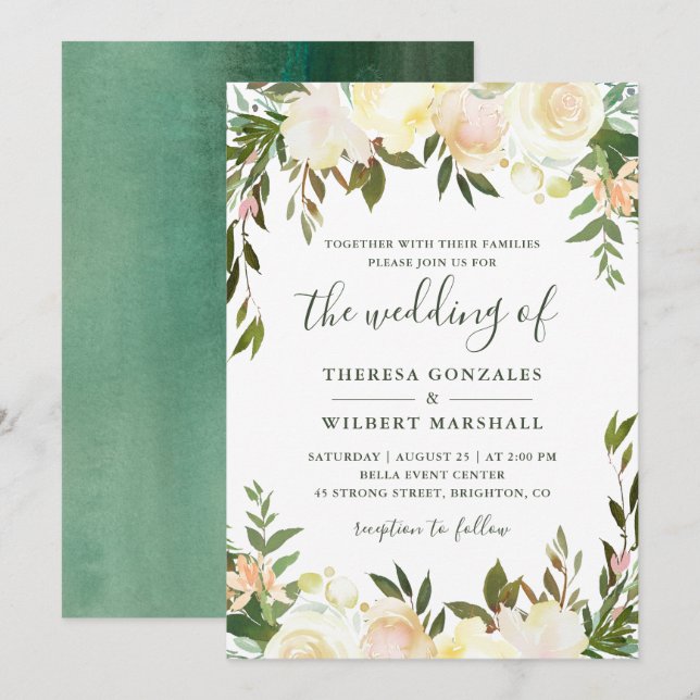 Invitation Verdure blanche neutre Aquarelle Mariage floral (Devant / Derrière)