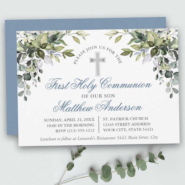 Invitation Verdure botanique Dusty Bleu Première Communion (Customize to change text size, color, style or to change color of back of card.)
