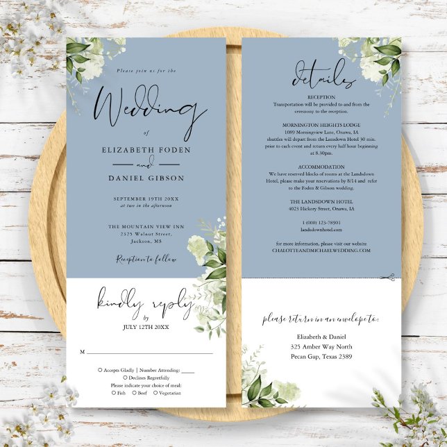 Invitation Verdure botanique Dusty Blue Tout en un Mariage (Botanical Greenery Dusty Blue All In One Wedding Invitation)